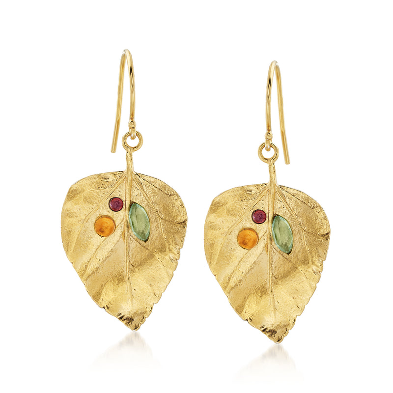 Gold leaf drop earrings with multicolor gem accents and earwire hooks