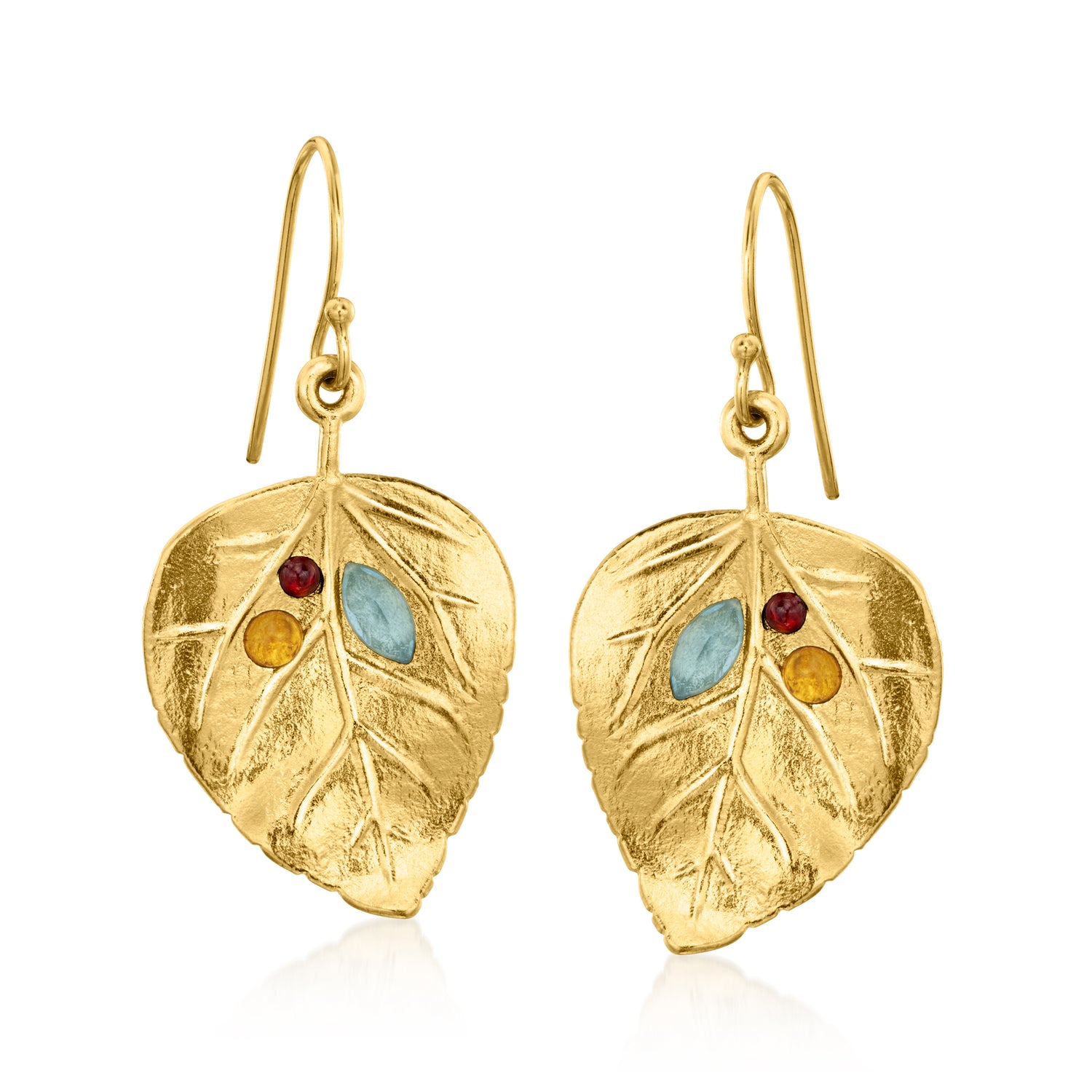 1.40 ct. t.w. Multi-Gemstone Leaf Drop Earrings in 18kt Yellow Gold Over Sterling