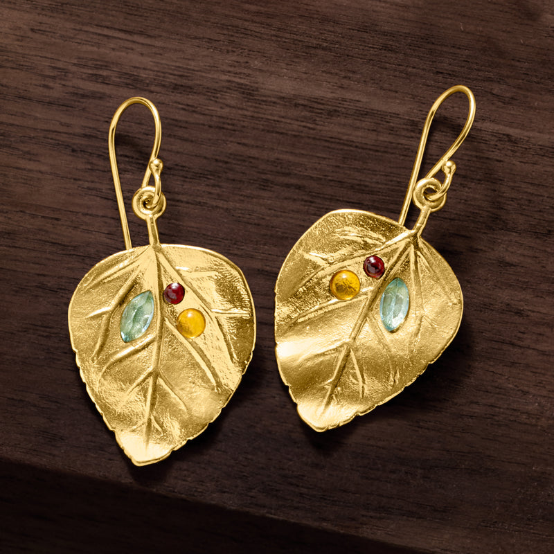 Gold leaf drop earrings with multicolor gemstones and gold earwire hooks