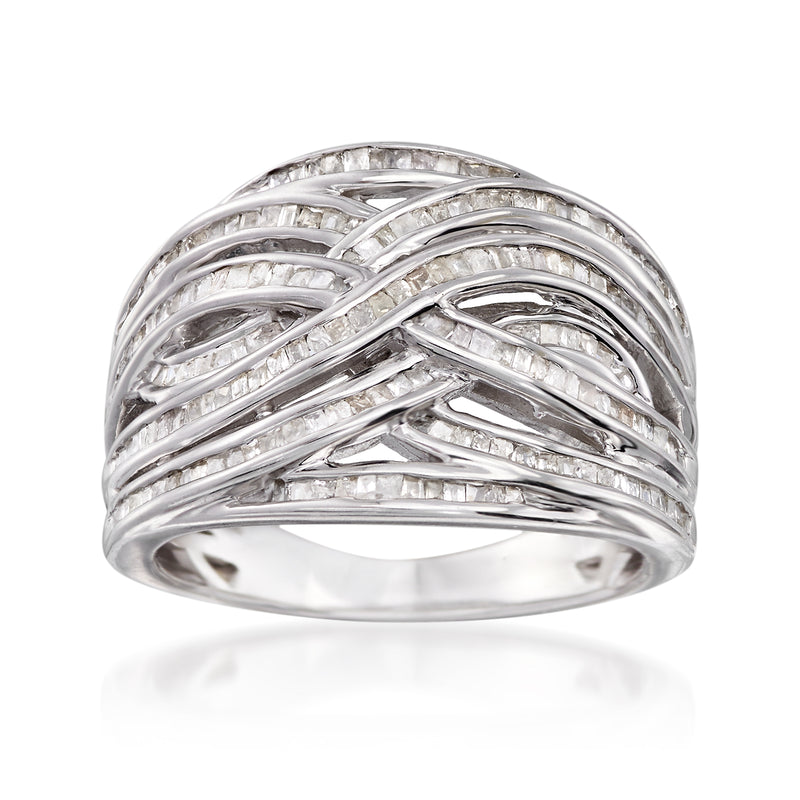 Sterling silver baguette diamond highway ring with crisscross rows