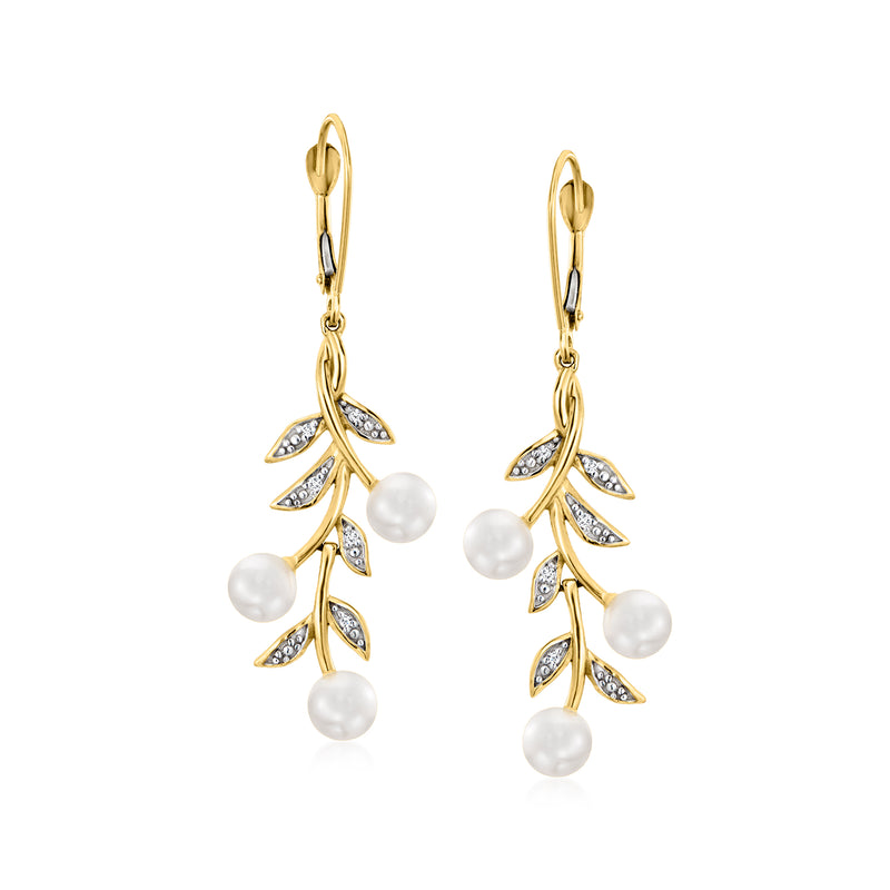 Yellow gold leaf drop earrings with cultured pearls and diamond accents, leverback style.