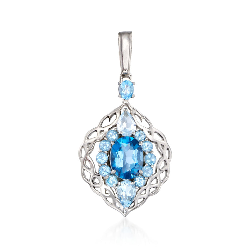 Sterling silver blue topaz pendant with oval and round gemstones in ornate frame