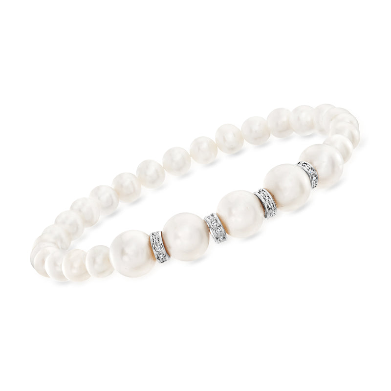 Cultured pearl and diamond accent stretch bracelet in sterling silver with round white pearls