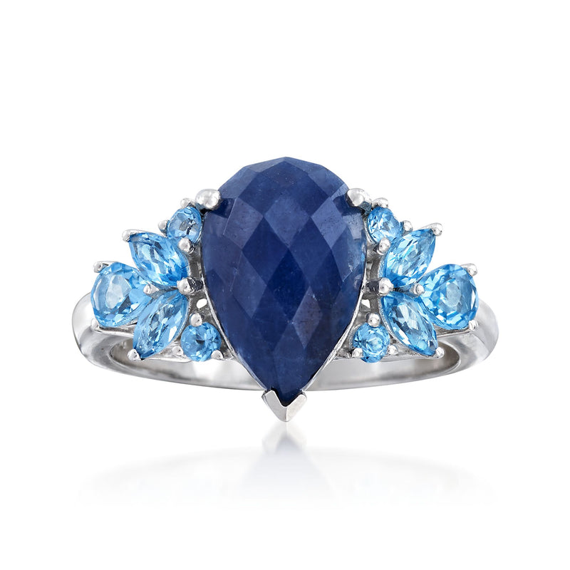 Sterling silver ring with pear-cut dark blue sapphire and oval blue topaz accents