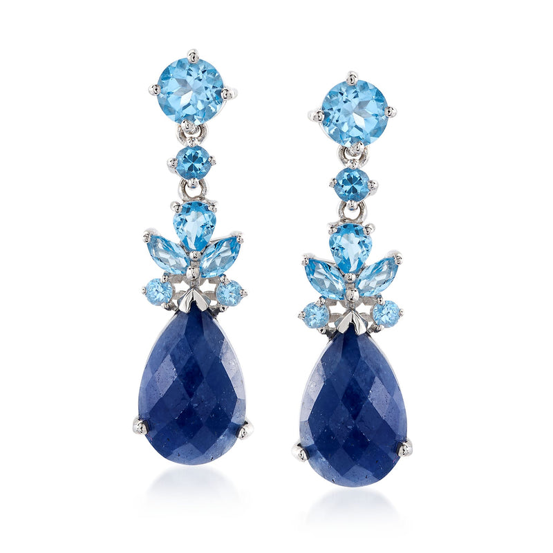 Sterling silver drop earrings with blue oval gemstone and round topaz accents