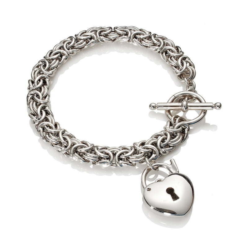 Sterling silver heart padlock charm Byzantine bracelet with clasp