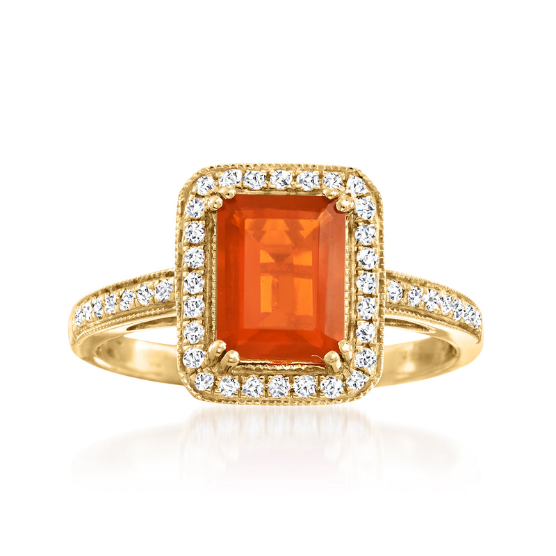 14kt yellow gold fire opal ring with diamond halo and pave band