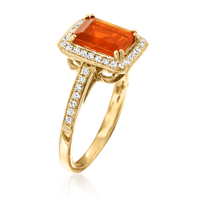 14kt yellow gold fire opal ring angled view with diamond side accents