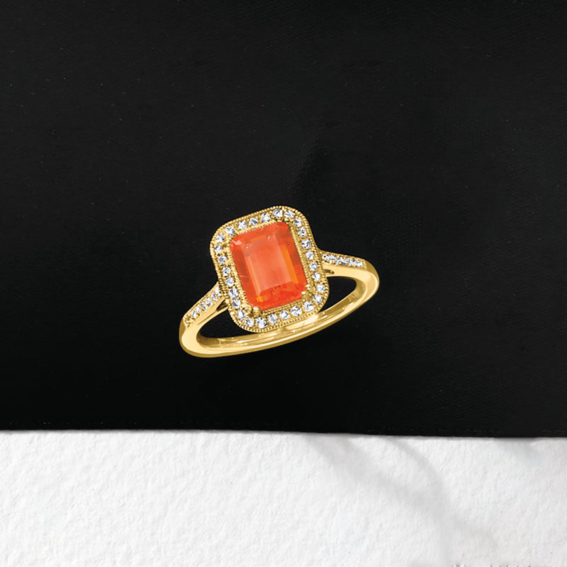 14kt yellow gold fire opal cushion ring with diamond halo, side view