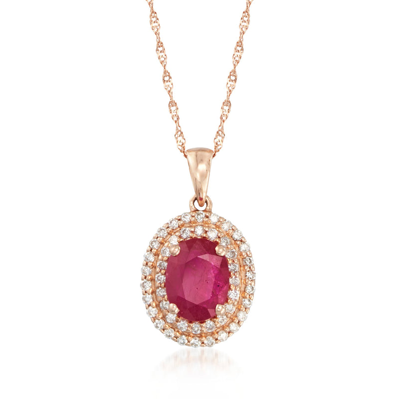 14kt rose gold ruby and diamond double-halo pendant necklace with oval center ruby