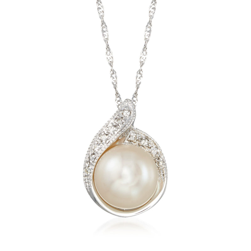 Cultured pearl pendant necklace, 14kt white gold with diamond halo and teardrop bezel