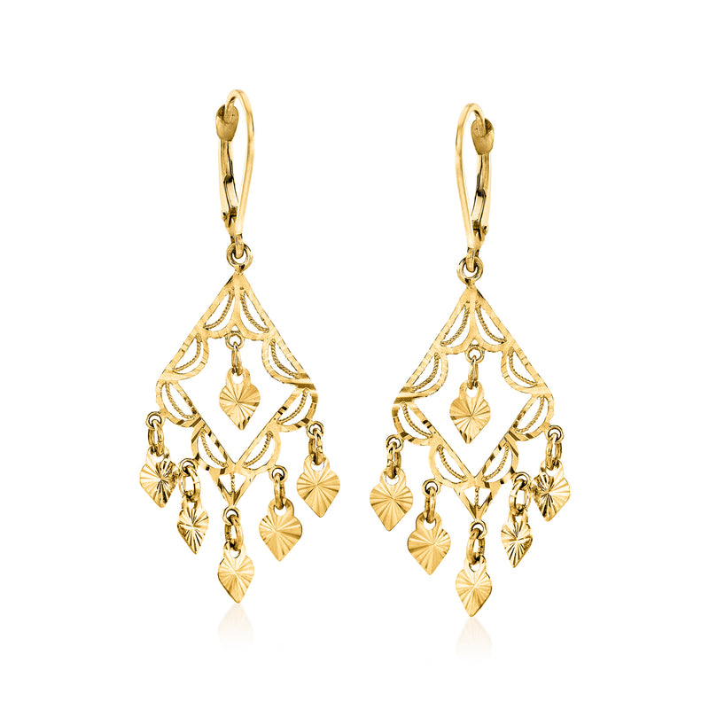 14kt yellow gold filigree chandelier earrings, leverback, dangling heart charms