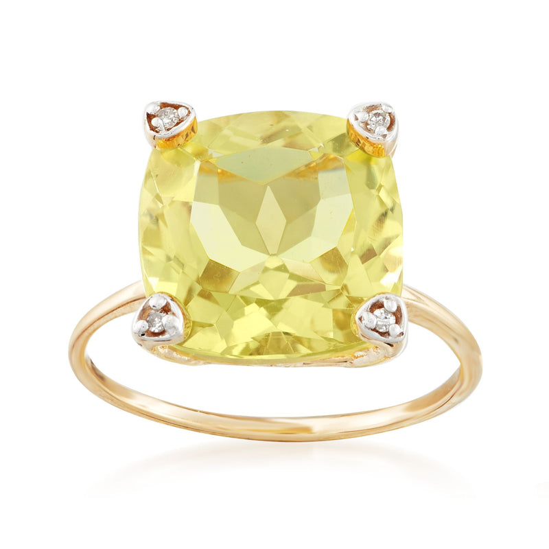 14kt yellow gold lemon quartz ring with diamond accents, cushion-cut gemstone