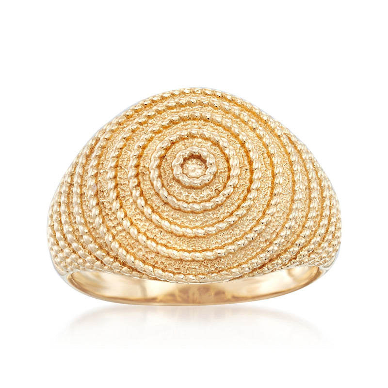 14kt yellow gold ring with textured concentric circle design, domed profile