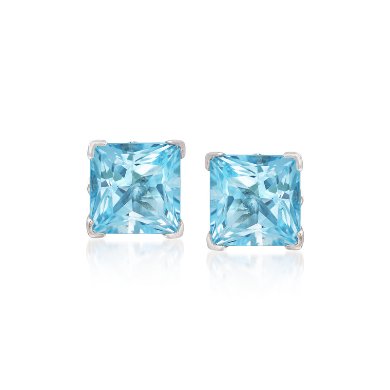 Sterling silver stud earrings with square Swiss Blue topaz gemstones