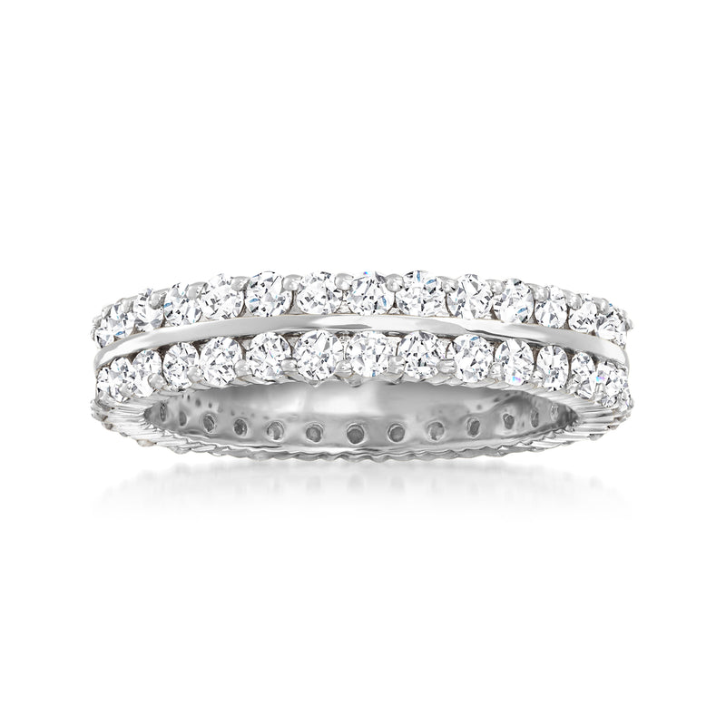 14kt white gold two-row diamond eternity band, round stones in raised channels