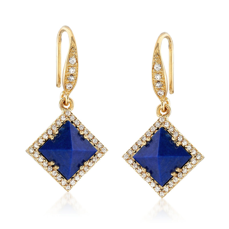 Blue square lapis drop earrings with white stone halo, gold earwire, dangle
