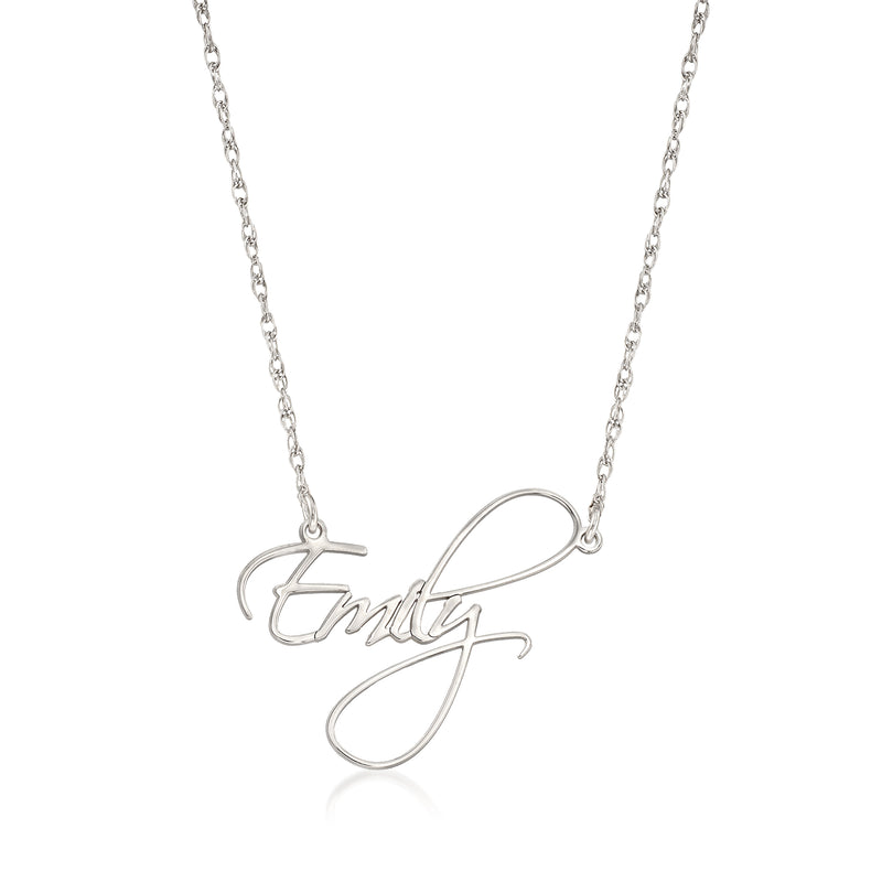 Sterling silver name necklace with handwritten-style cursive pendant and link chain