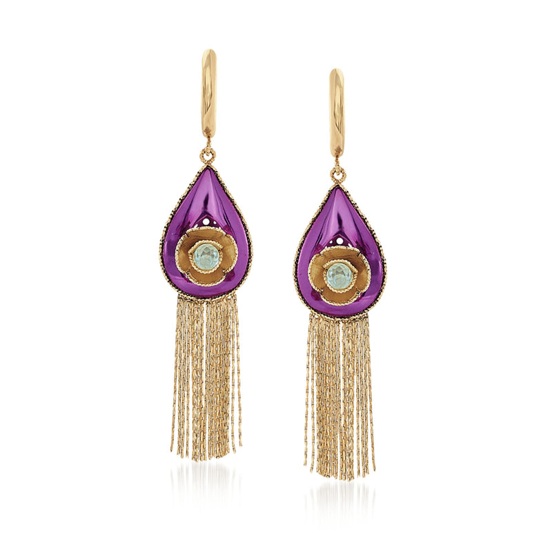 Gold drop earrings with purple teardrop ceramic, blue gem center, and gold tassel fringe