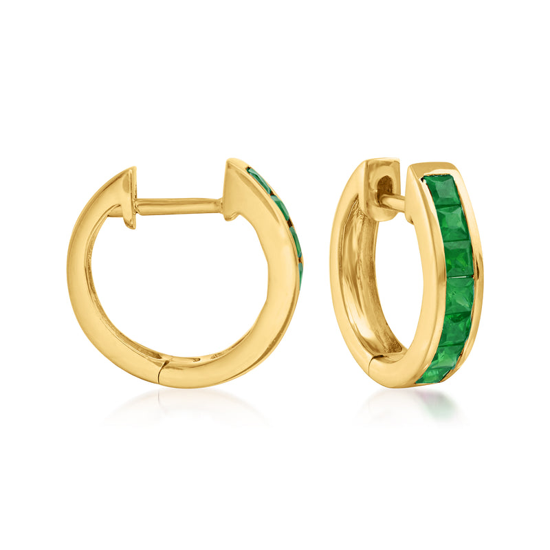 14kt yellow gold huggie hoop earrings with green gemstone inlay