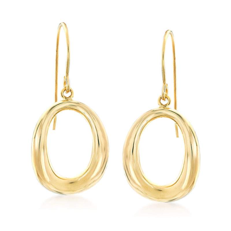 14kt yellow gold open oval drop earrings, dangling oval hoops on earwires