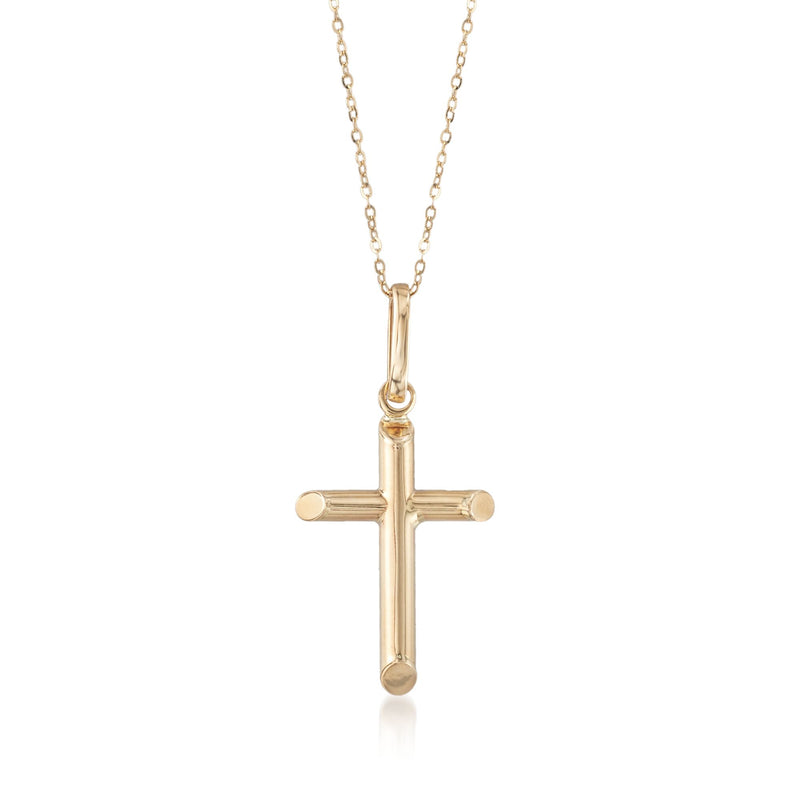 14kt yellow gold cross pendant necklace with round bale and polished cruciform charm