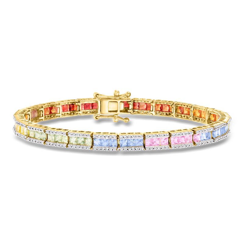 14kt yellow gold sapphire and diamond tennis bracelet with multicolor baguette stones