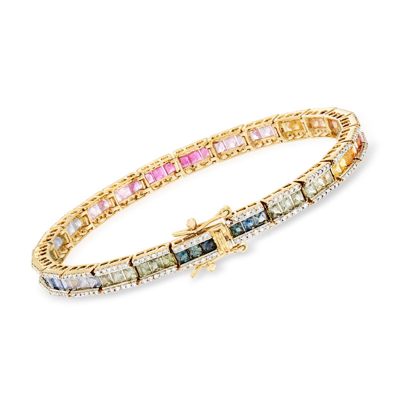 14kt yellow gold tennis bracelet with pink, blue, green sapphires and diamond accents