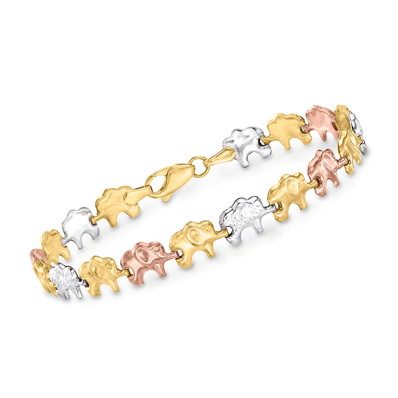 Tri-colored 14kt gold elephant link bracelet with alternating gold elephants and clasp