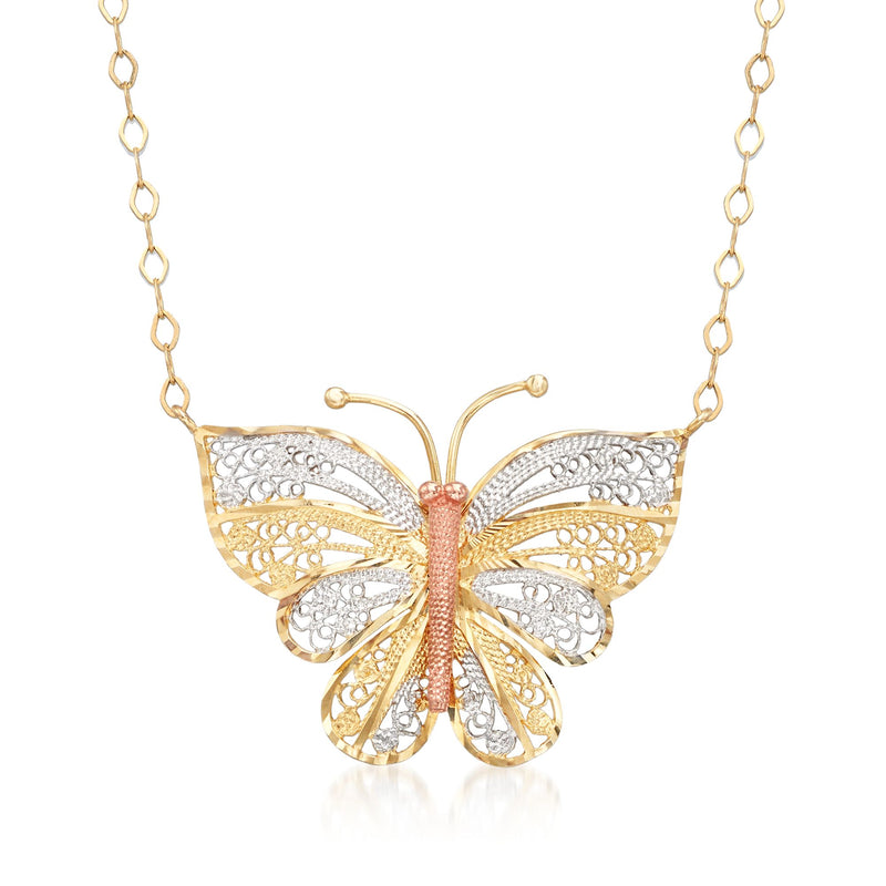 14kt tri-colored gold butterfly necklace with textured wings and linked chain
