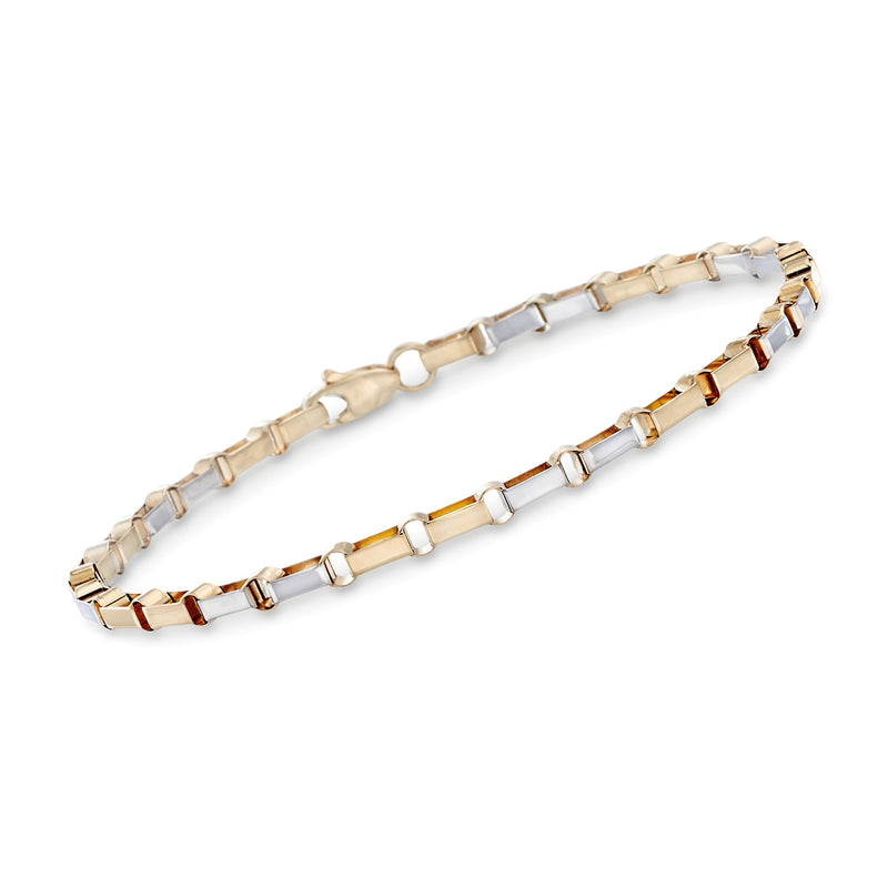 Two-tone 14kt gold bracelet with rectangle and circle-link chain, polished finish