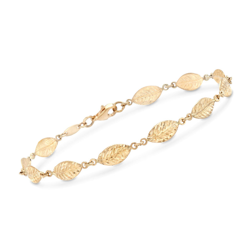 14kt yellow gold diamond-cut leaf-link bracelet with oval engraved links and clasp