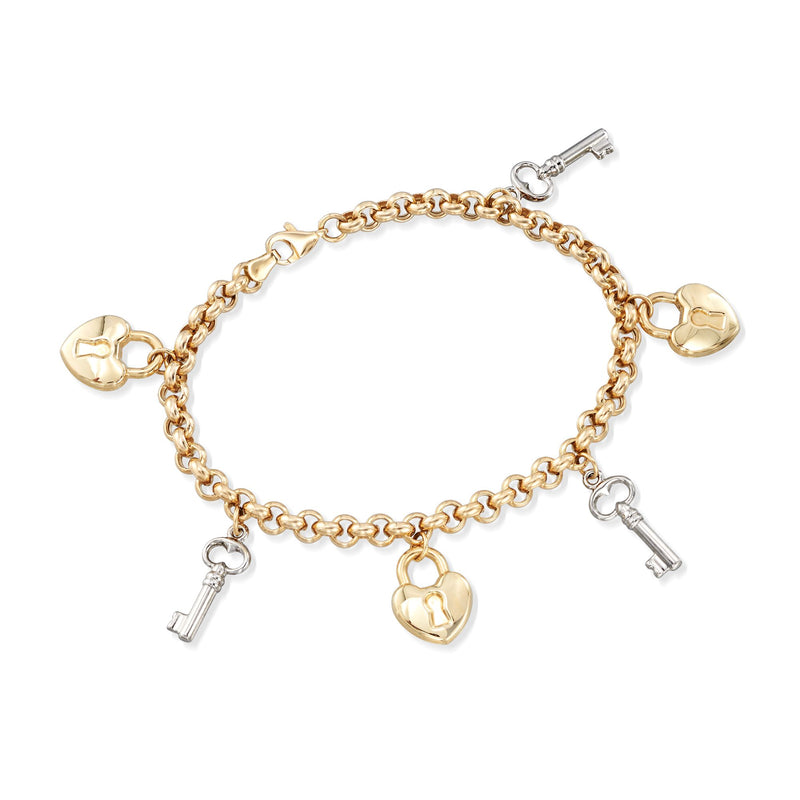 Two-tone gold heart lock and key charm bracelet with padlock and small keys