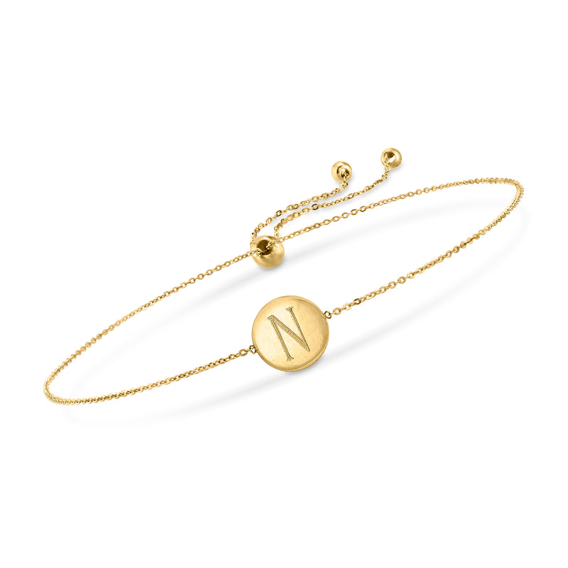 14k yellow gold bolo bracelet with round initial N disc charm and sliding clasp