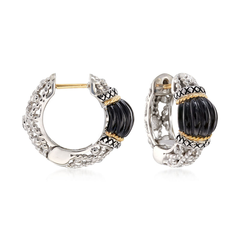 Sterling silver hoop earrings with textured beaded edge, black onyx charm, 18kt yellow gold trim