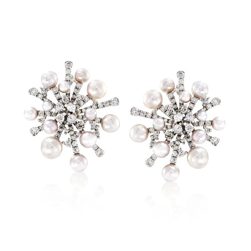 Mikimoto pearl and diamond snowflake stud earrings with 18kt white gold posts