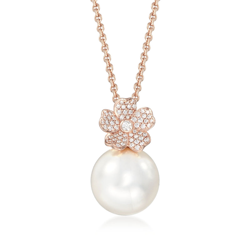 18kt rose gold necklace with large white South Sea pearl and diamond floral cherry blossom pendant