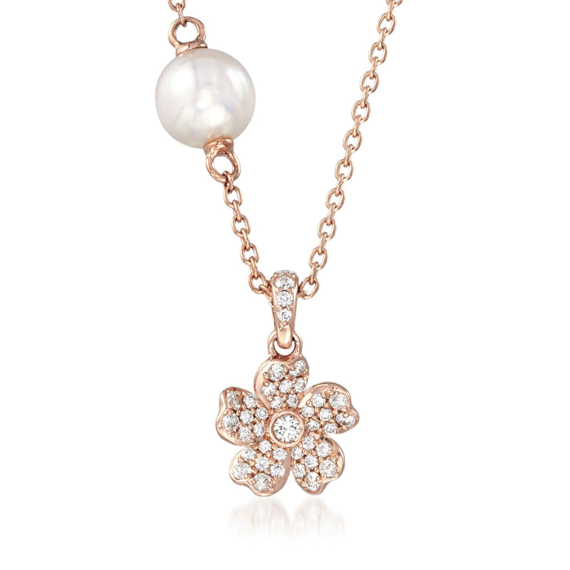 Mikimoto rose gold pearl and diamond floral necklace with round Akoya pearl pendant