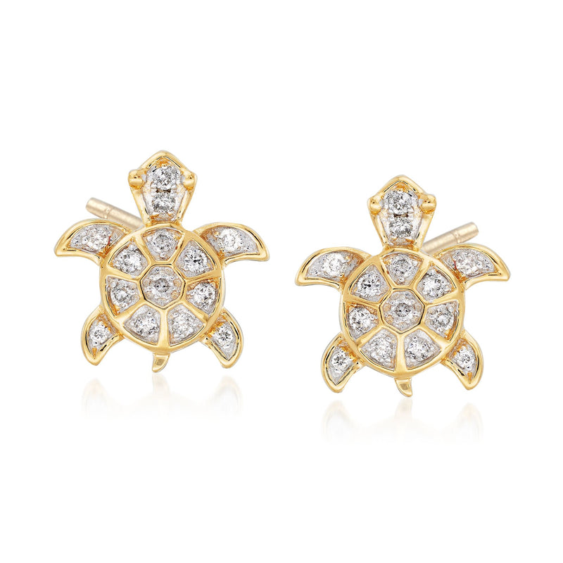 Sea turtle diamond stud earrings in 14kt yellow gold, post style with bezel-set stones