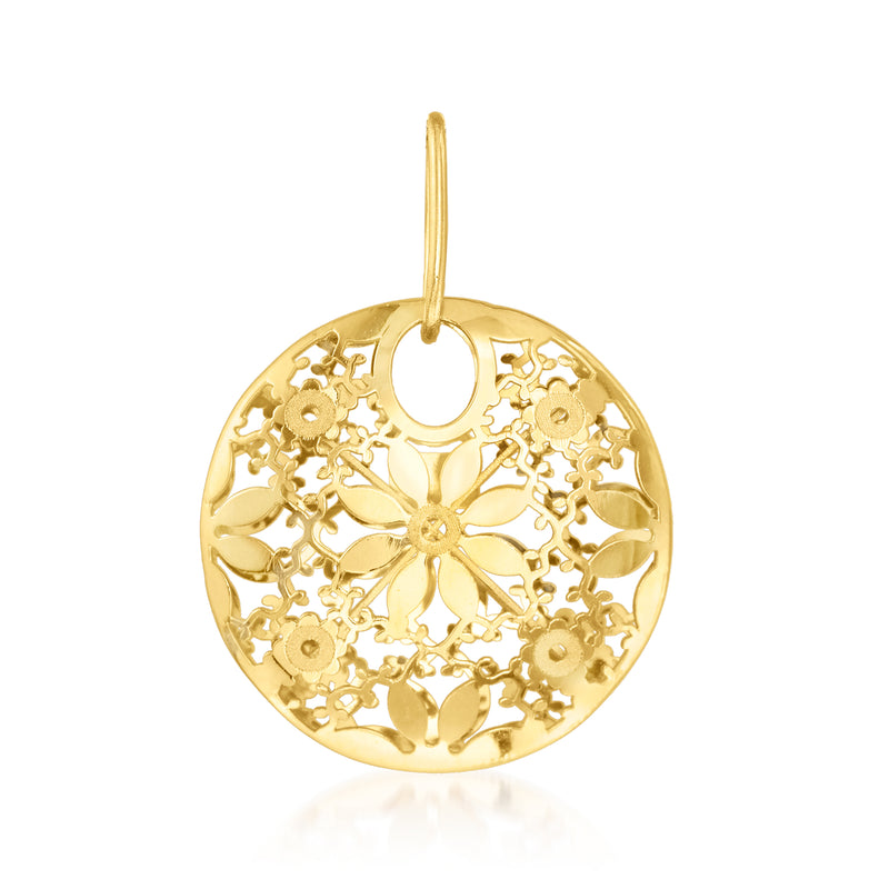 14kt yellow gold circle flower pendant with filigree pattern