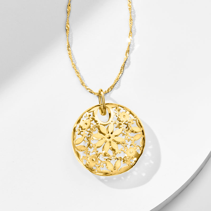 14kt yellow gold round filigree flower pendant with chain