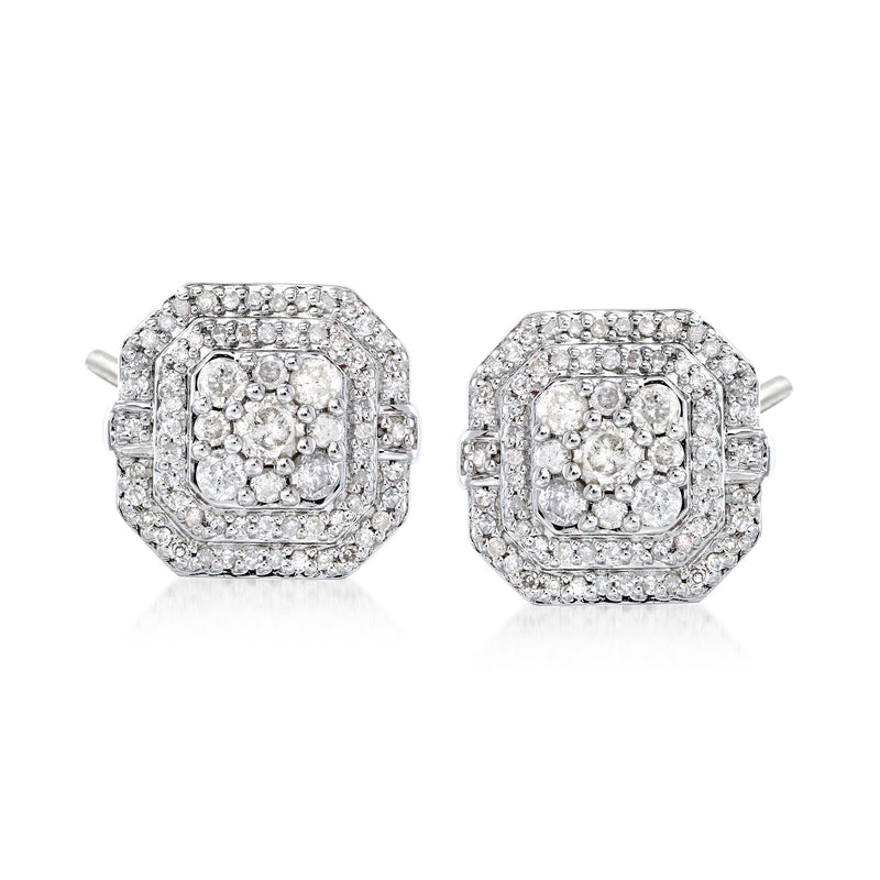 Sterling silver post earrings with square Ascher-cut diamond halo, .98 ct t.w.