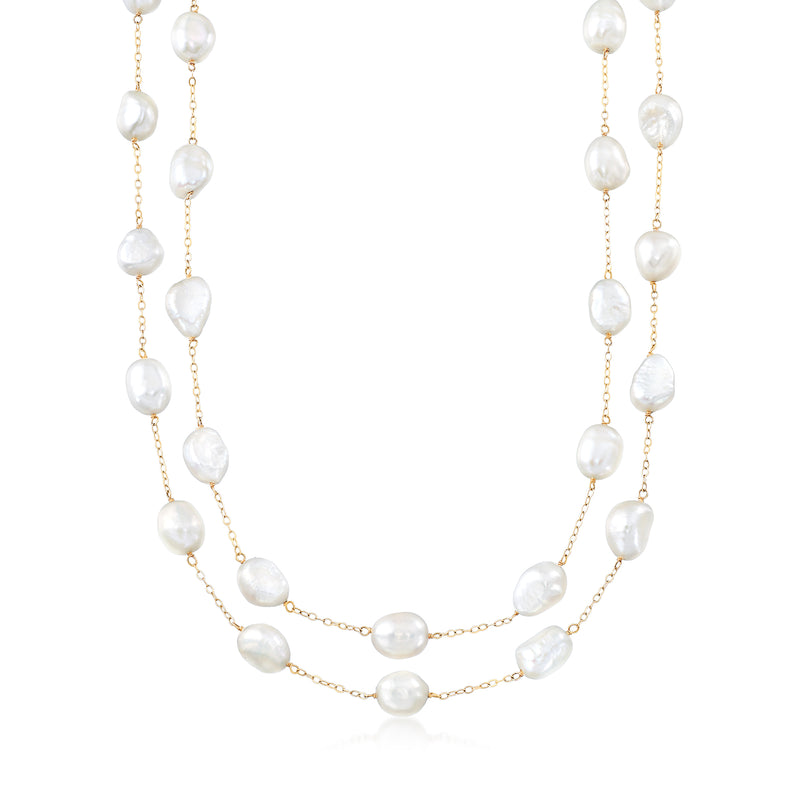 14kt yellow gold pearl station necklace with semi-baroque cultured pearls