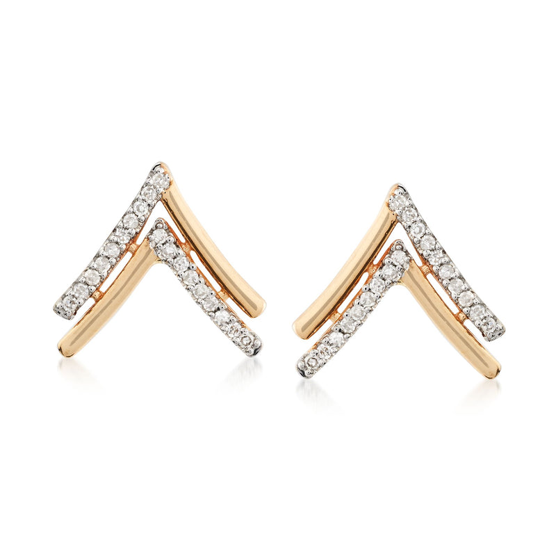 14kt yellow gold chevron stud earrings with round diamond accents