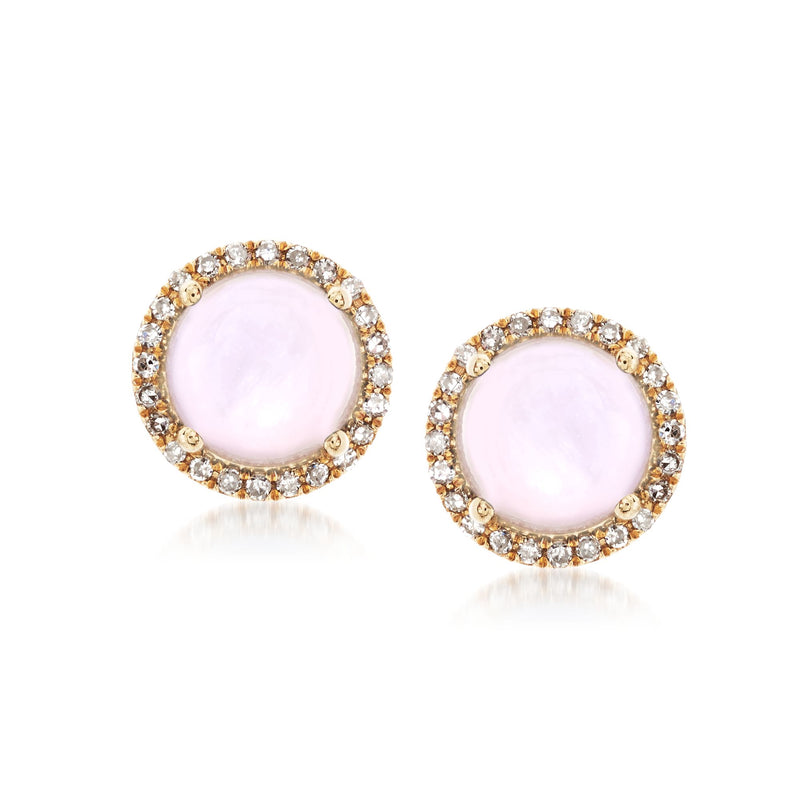 Pink mother-of-pearl round stud earrings with diamond halo in 14kt yellow gold