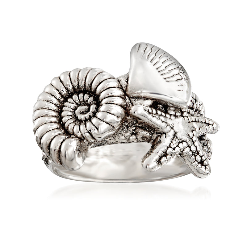 Sterling silver starfish and seashell ring with raised ocean motifs