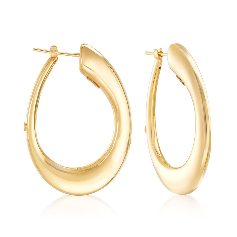 18kt yellow gold small hoop earrings, smooth oval hoops with post backs