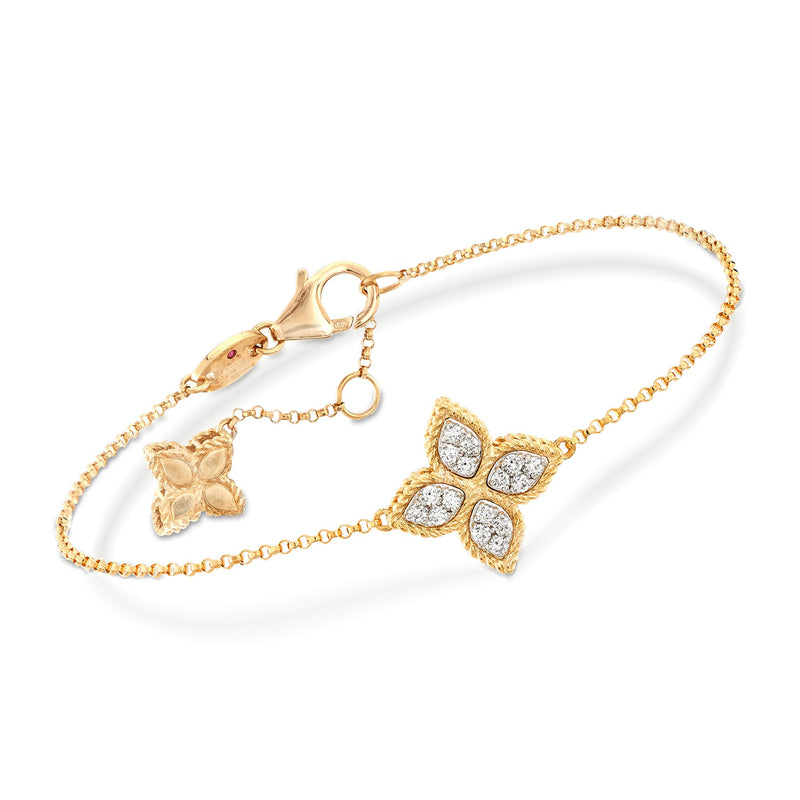 Roberto Coin 18kt yellow gold diamond flower bracelet with pave quatrefoil