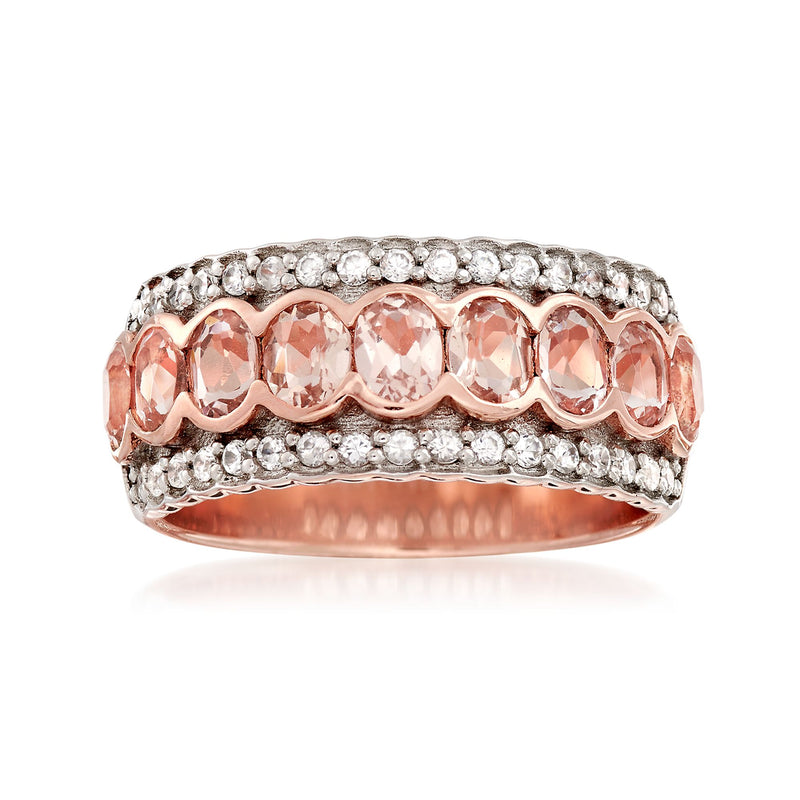 Rose gold morganite and white zircon ring with peach oval stones and diamond-like border