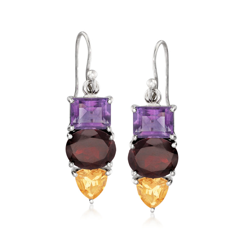 Sterling silver drop earrings: purple square, dark red round, amber teardrop gemstones